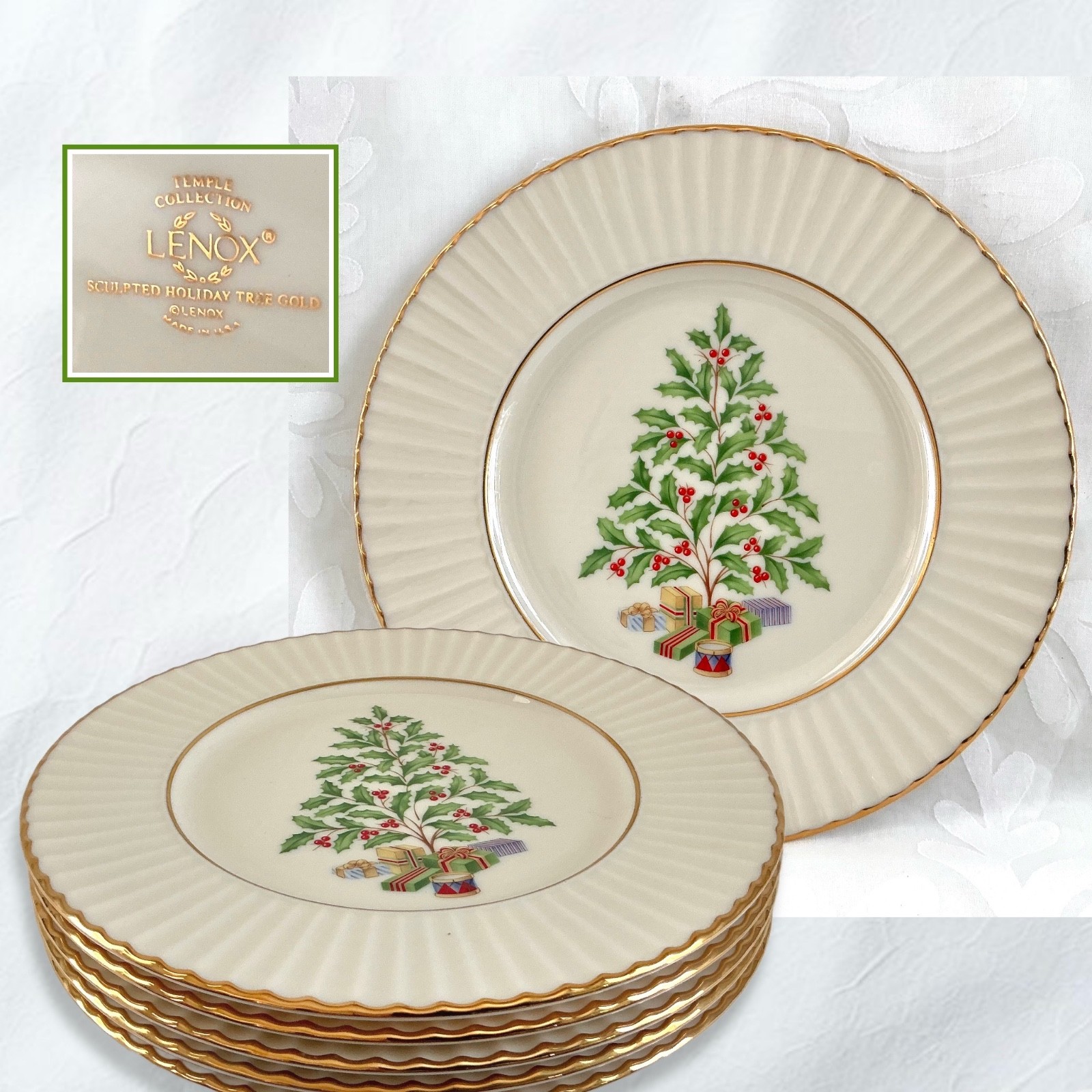5 Lenox Temple Sculpted HOLIDAY 8.5” Salad Plate Holly Tree Gold 4 Set