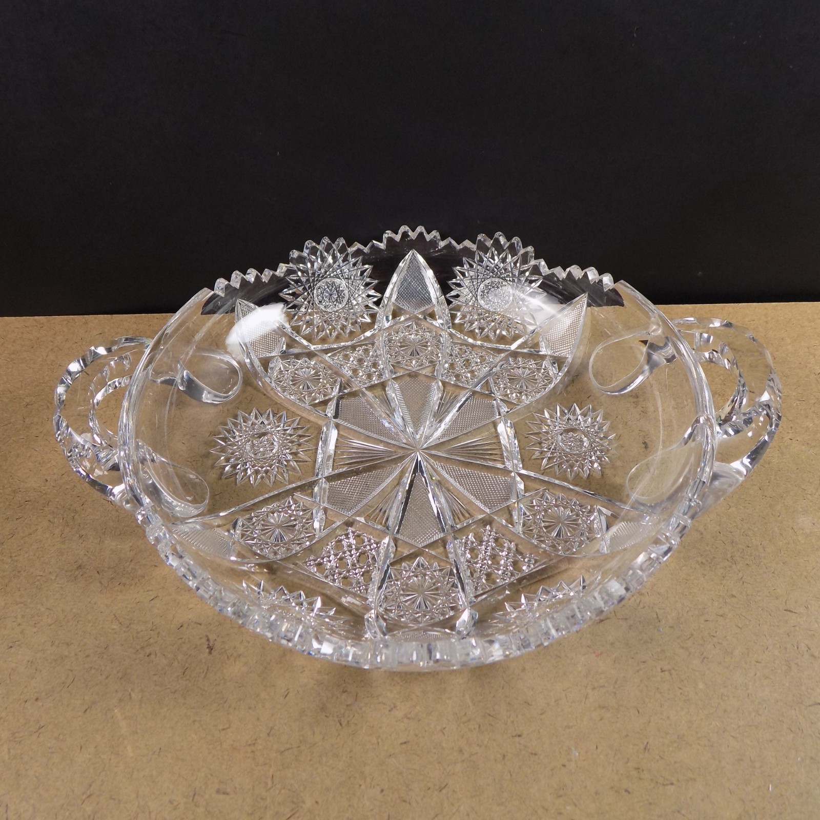 Antique American Brilliant Cut Glass Handled Low Bowl VGC 11″ Across