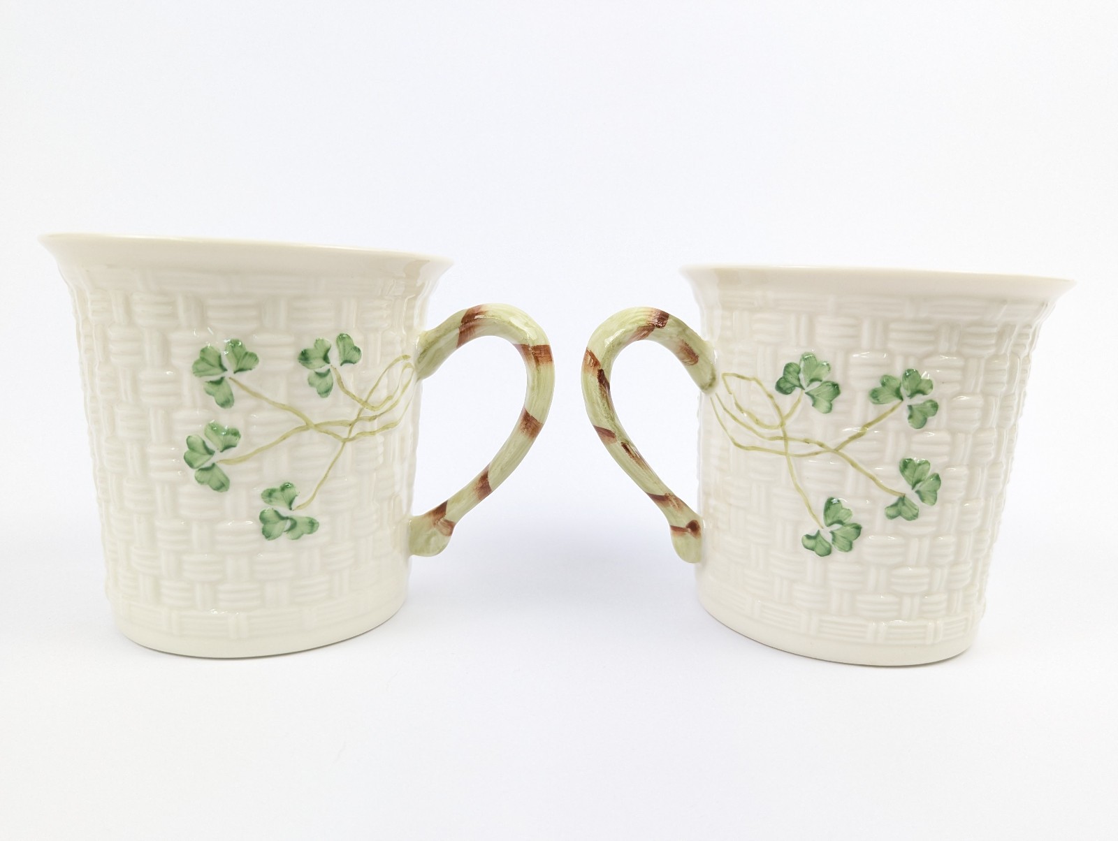*LOT OF 2* Belleek Porcelain Irish Mugs White Green Shamrock Pattern Ireland
