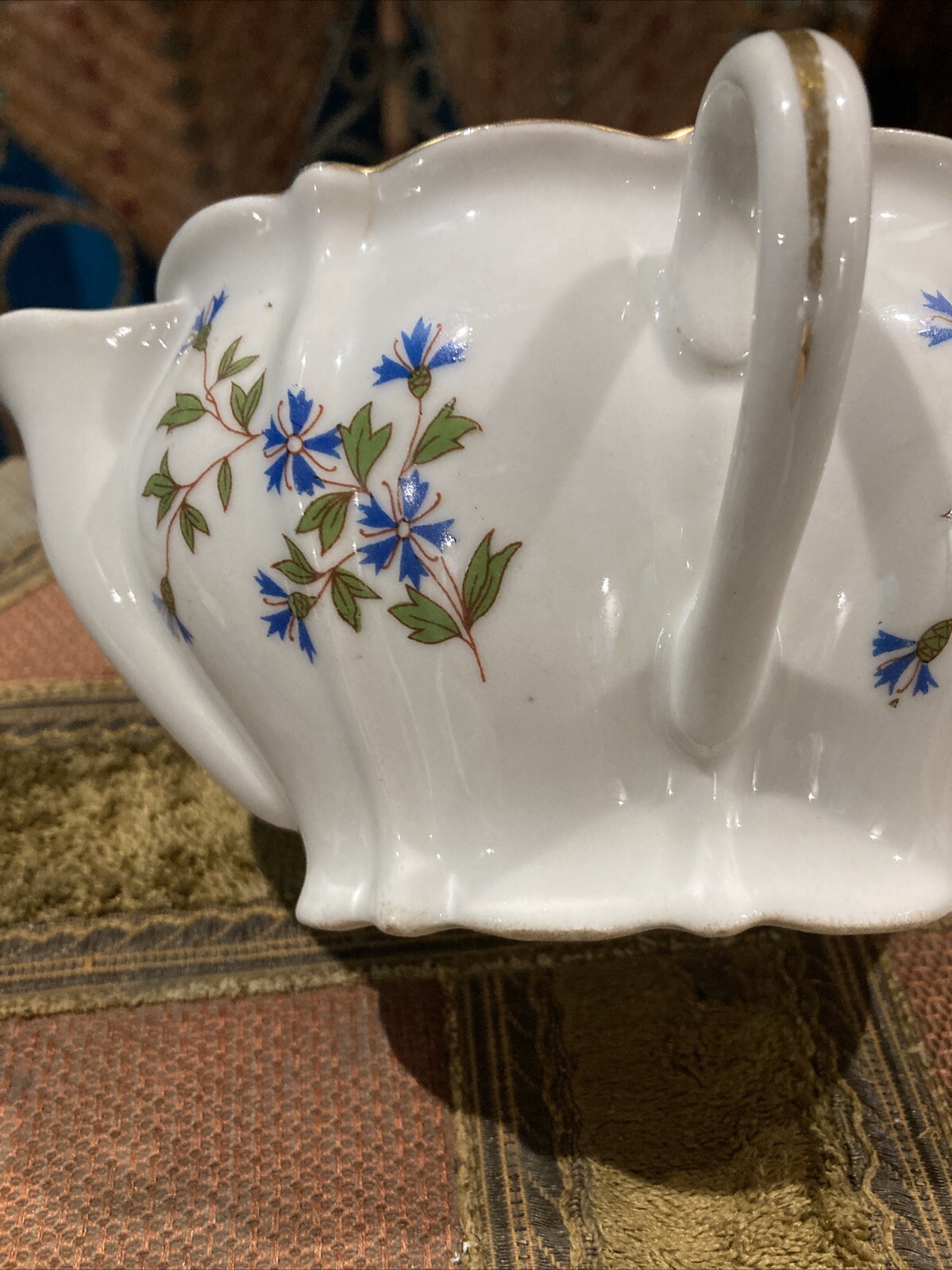 Vintage White Floral Porcelain Double Spout Gravy Boat