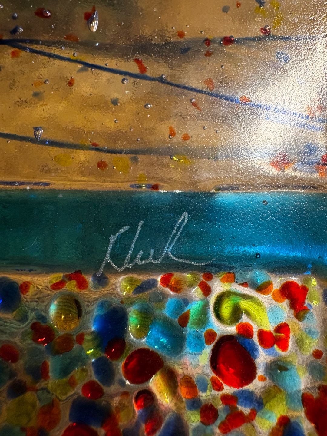 Fused Art Glass Rectangular Serving Tray with Rainbow Dots, Signed by Artist