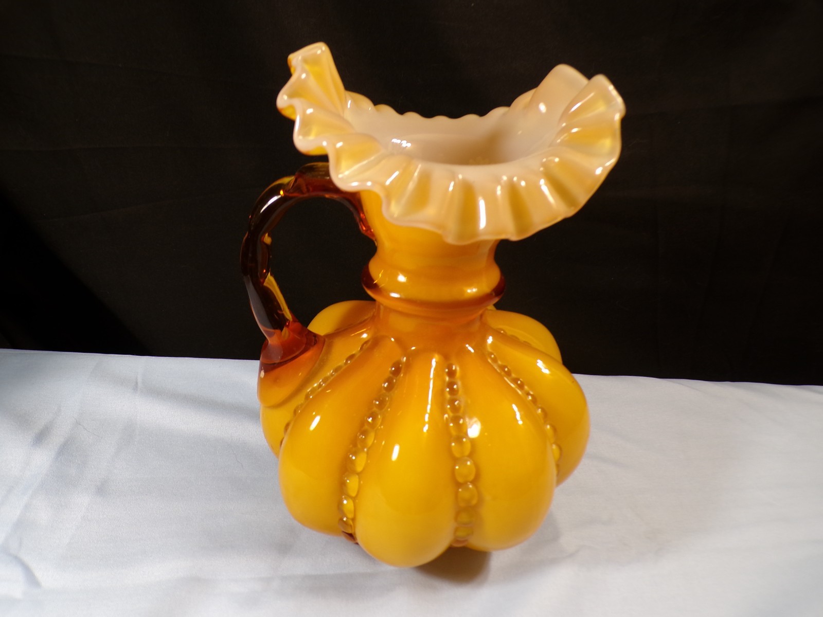 HTF Fenton Gold Overlay Cased Glass Large Beaded Melon Pitcher 7 7/8″ Tall
