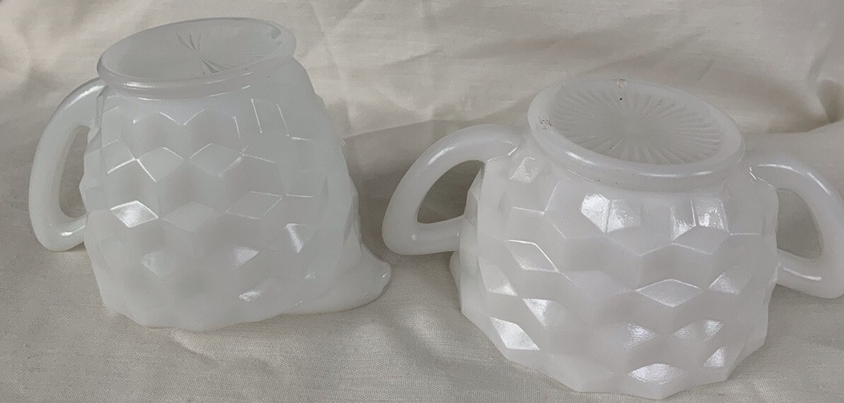 Vintage Hazel Atlas Cubed Pattern Milk Glass Open Sugar Bowl and Creamer