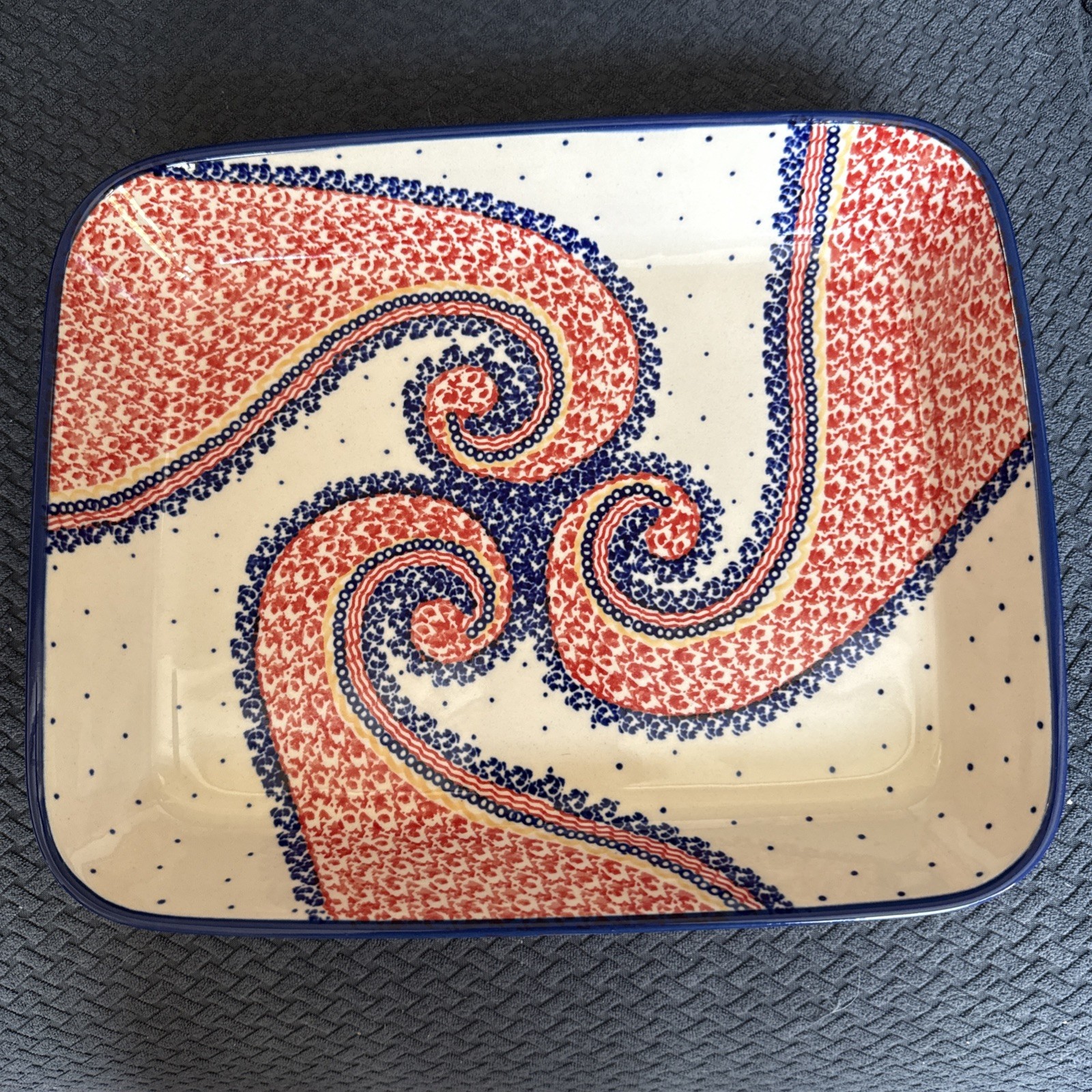 Polish Pottery 11.75″x9.5″x2″ Rectangular Baker Spiral Joy UNIKAT Handmade EUC