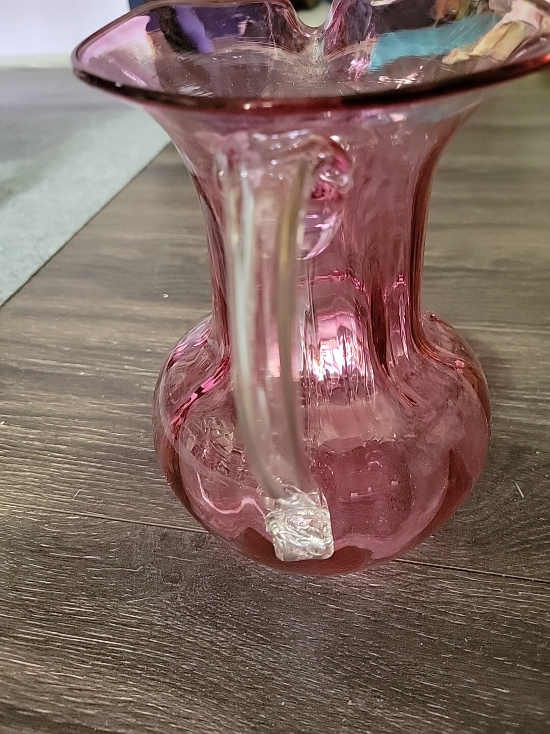 Signed Wheaton Village Studio Art Glass Cranberry Pink Pitcher NJ 9in 2000