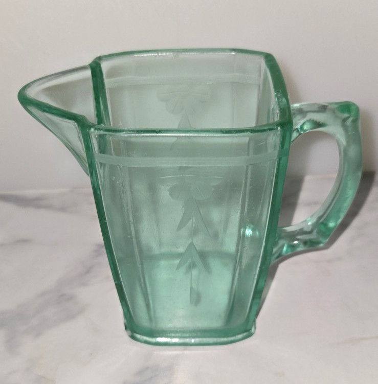 Vintage Uranium Vaseline Glass Etched Pitcher Antique GLOWS Nice 4.25″x2.5x 5″