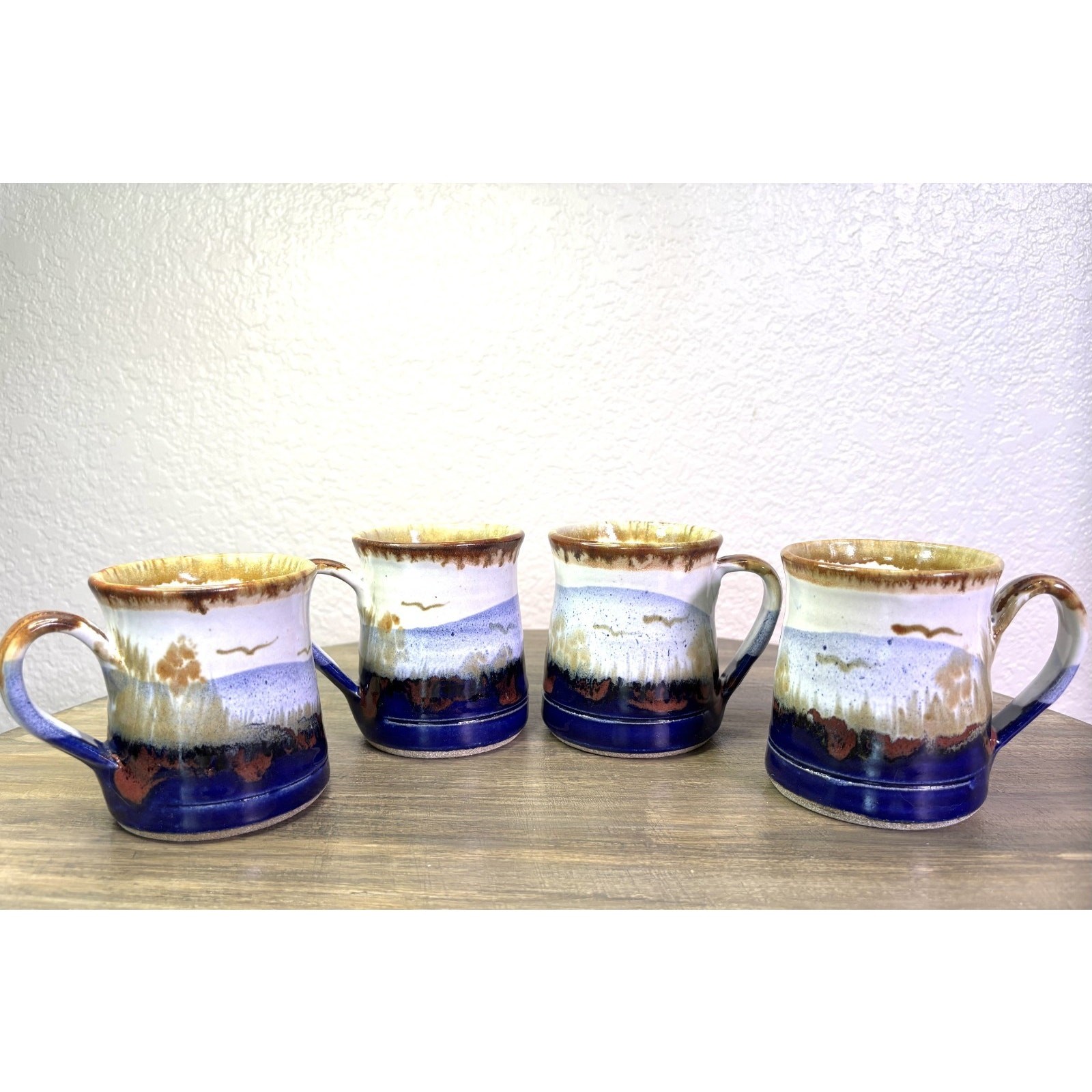 Evans Studio Art Pottery Mugs Set of 4 Signed Mountain Landscape