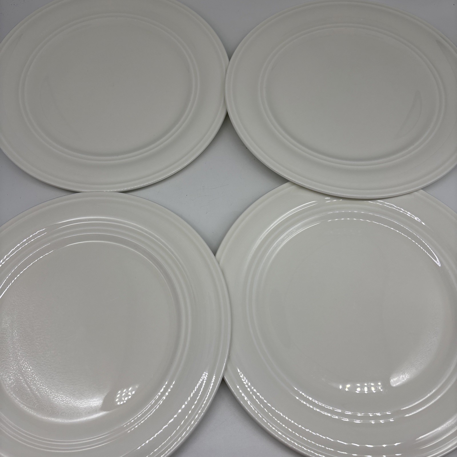 4 Maison Neuve “White” Bone China 10 1/2″ Dinner Plates Embossed Rings Porcelain