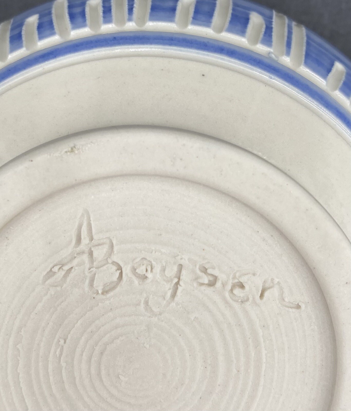 Alice Boysen Handmade Stoneware Footed Bowl, Vertical Bands on Blue, Signed