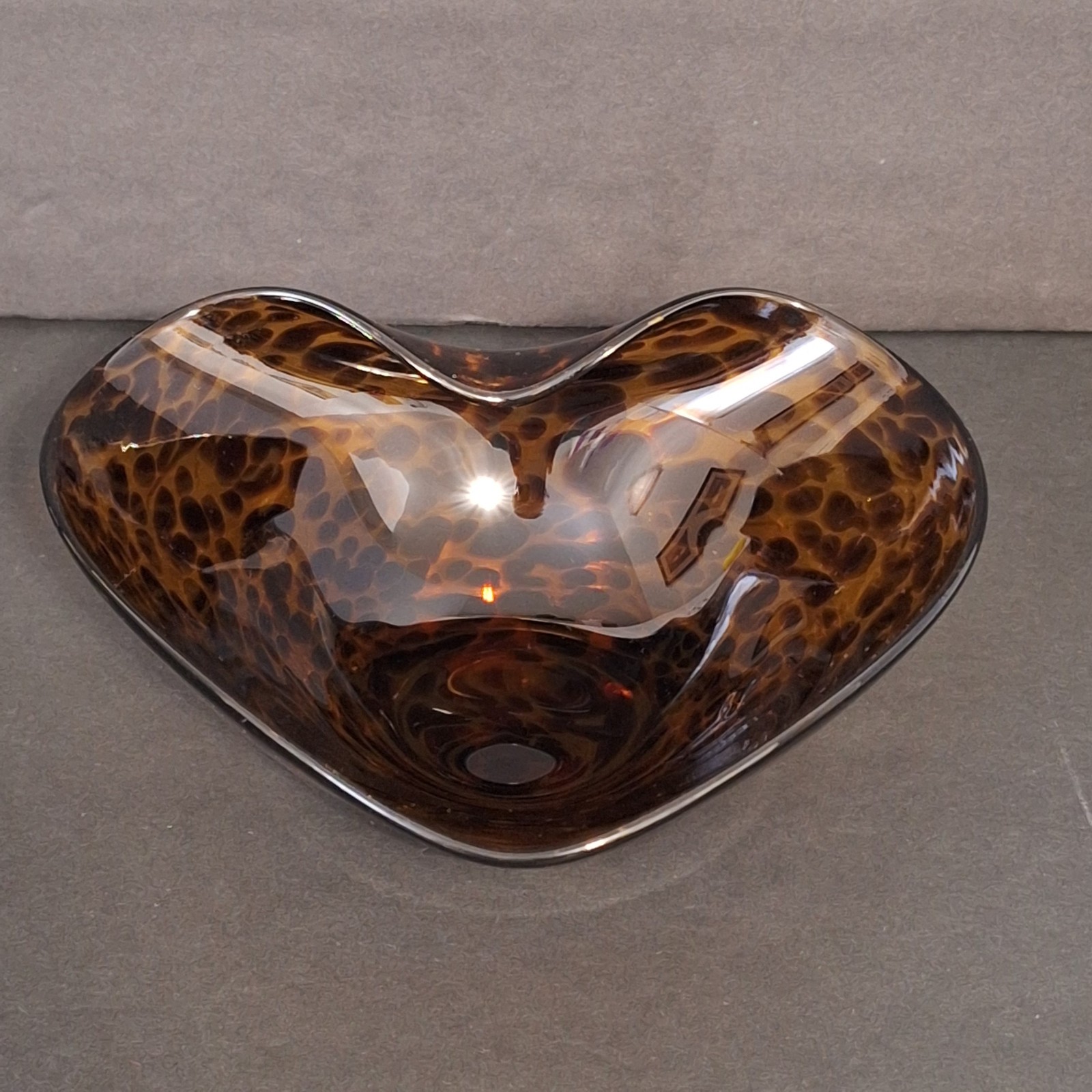 Art Glass Bowl Heart Tortoise Shell Amber Brown Marbled Leapard Design