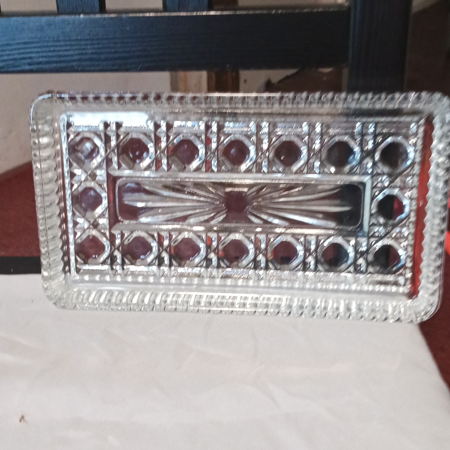 Clear Pressed Glass Rectangular Tray, Diamond & Starburst Pattern Decorative