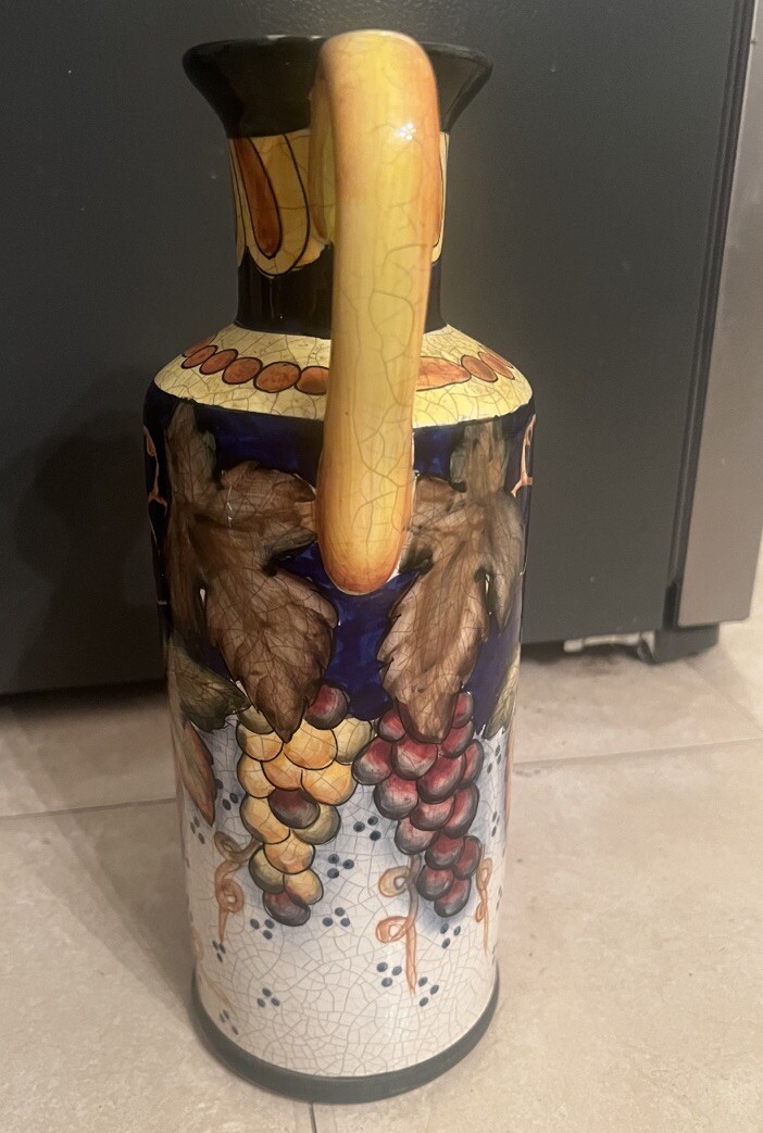 Italian Pottery Vintage Pitcher Fruit And Leaves Painted Rare Gorgeous