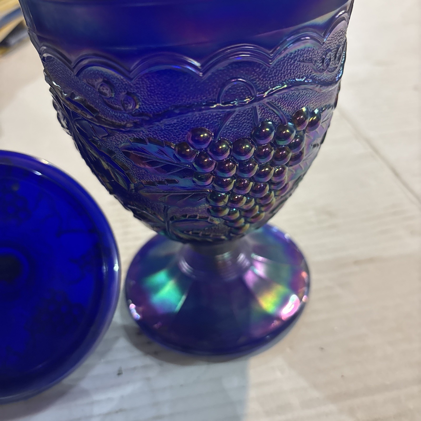 Imperial Blue Carnival Glass Harvest Grape Candy Dish Lid Compote With Sticker