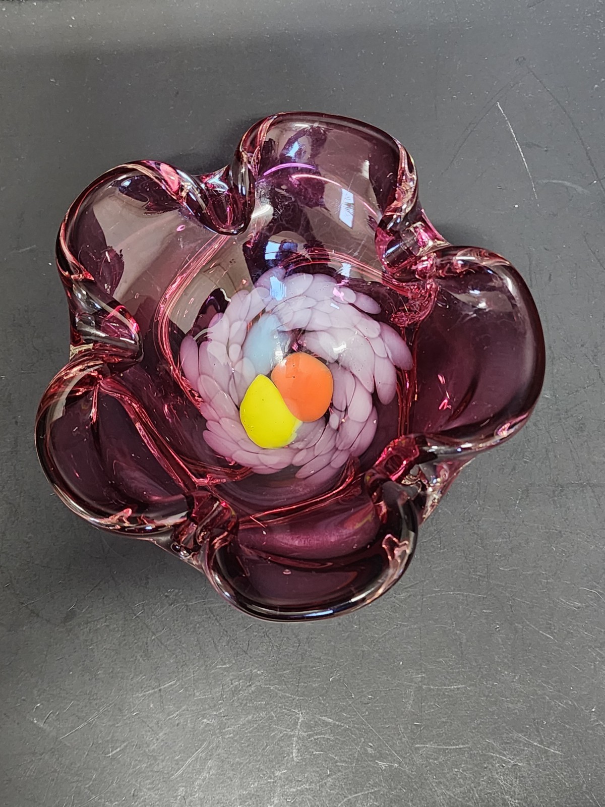 Bohemian Glass Bowl Pinched Side Purple Orange Swirled Bottom
