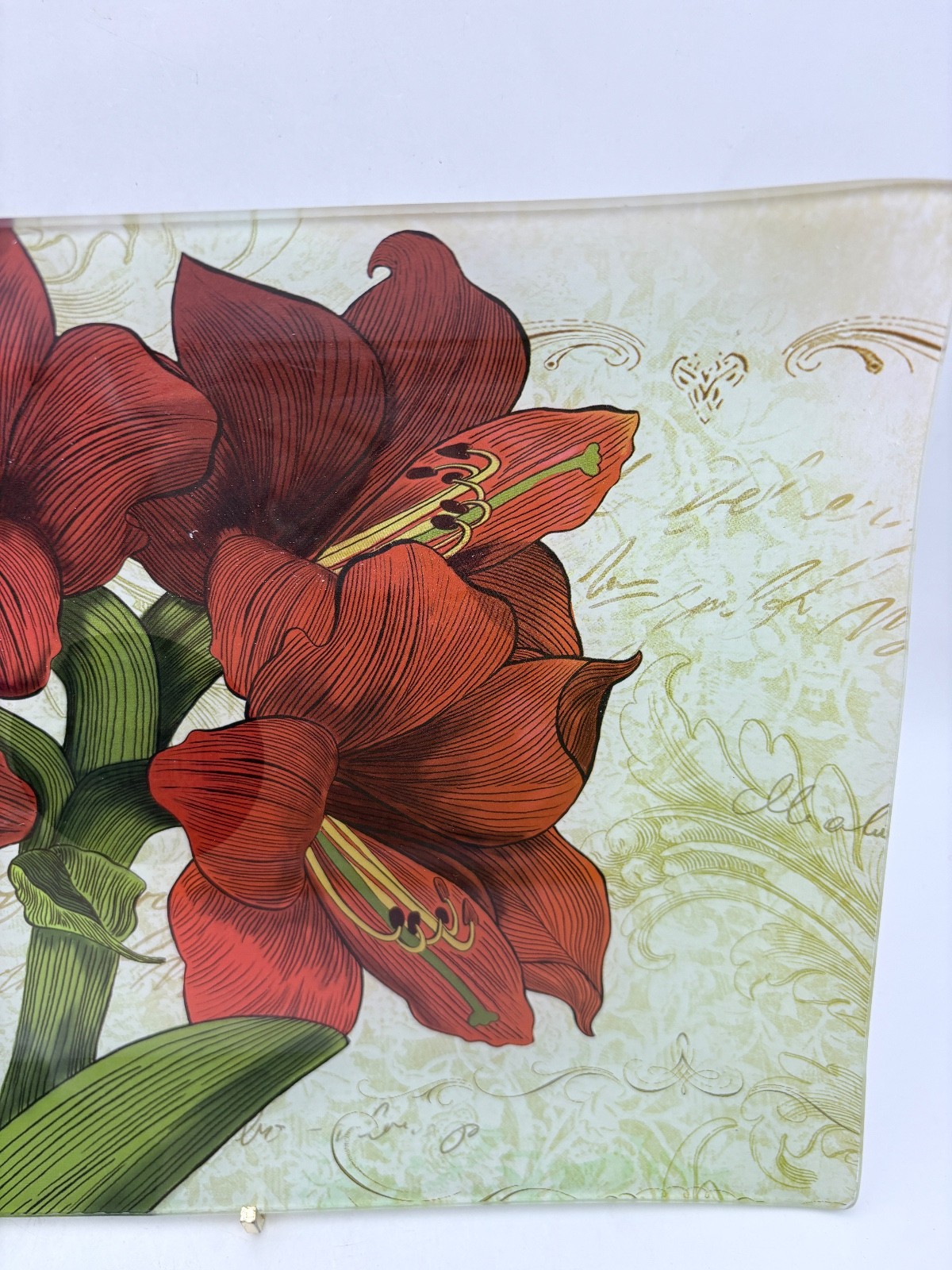 Ashland Holiday Home Accents Red Amaryllis Reverse Painted Glass Tray/Platter