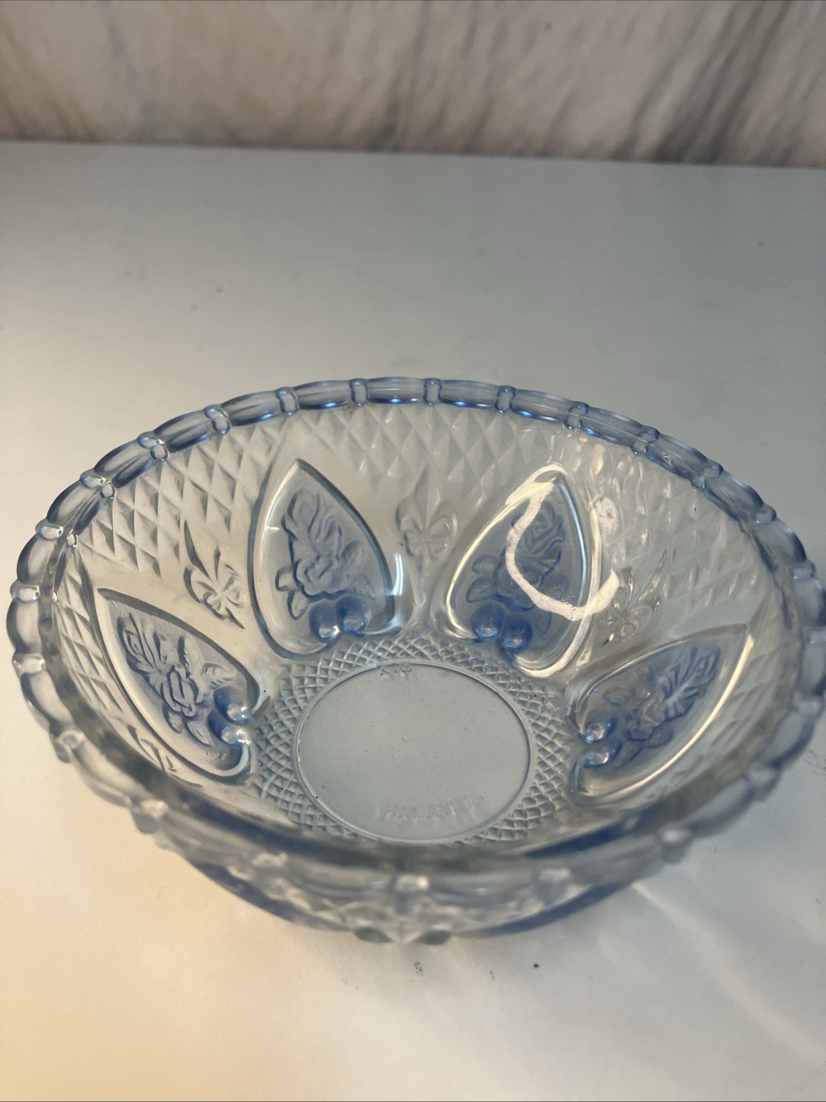 VTG KIG Indonesia Light Blue Pressed Glass Candy Dish Bowl Floral Heart 5”x2”