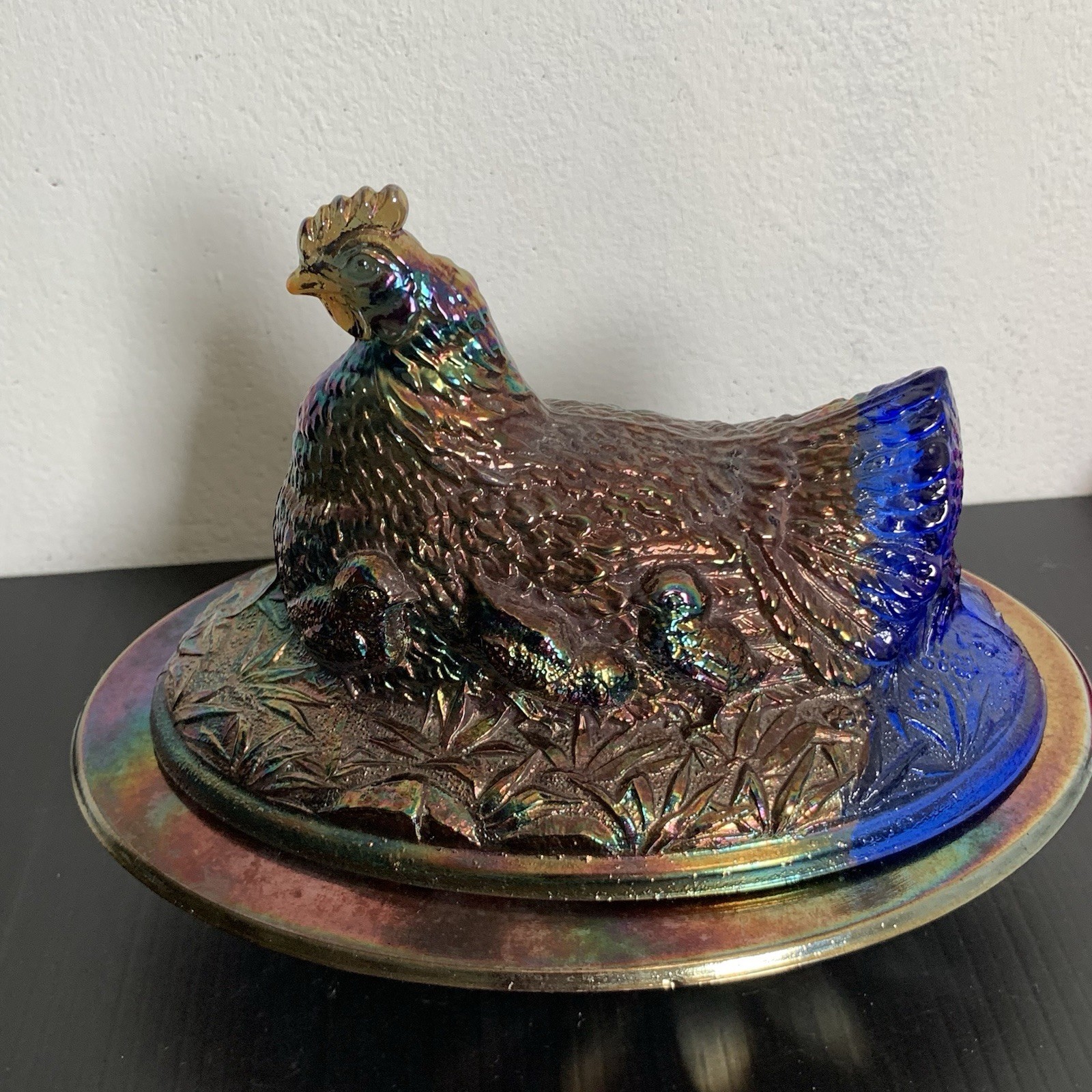 Glass Blue Carnival Glass Hen On Nest Covered Dish – Chicken Candy Dish