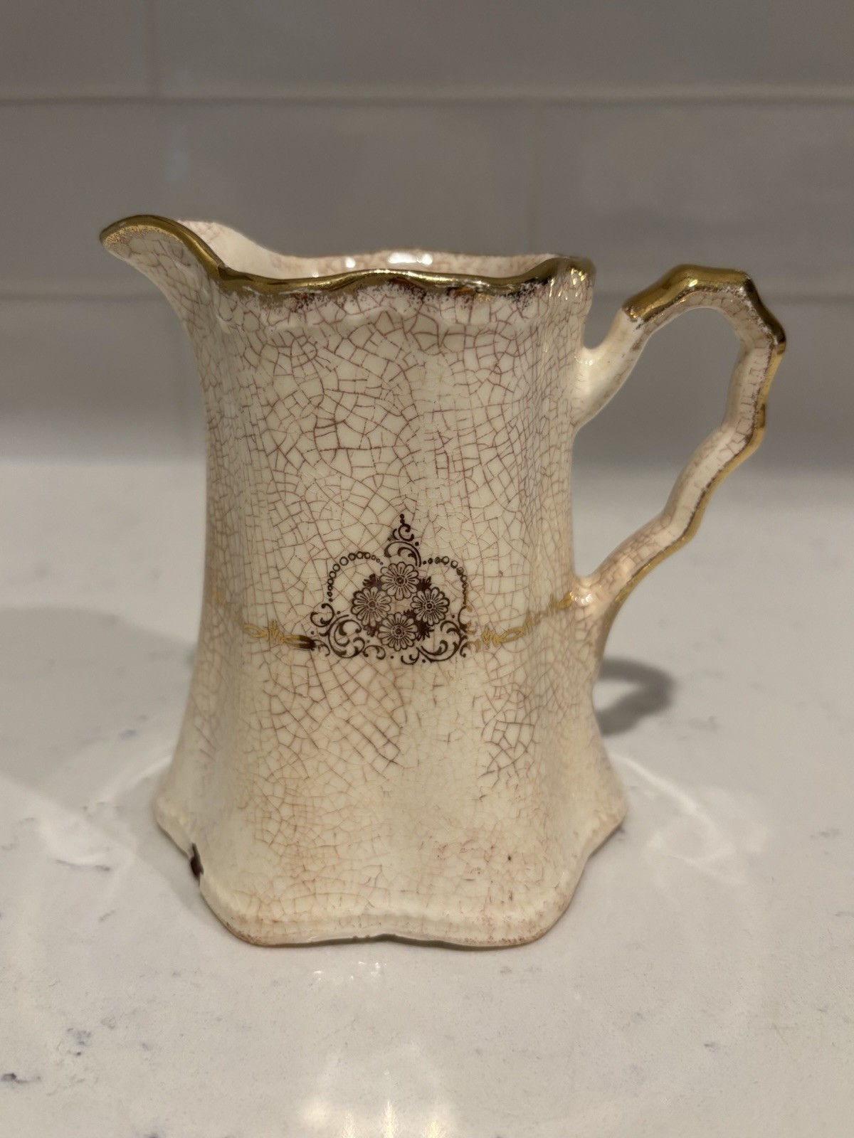 Antique White Ironstone Style Creamer Pitcher Stained Crazed Gold Transferware
