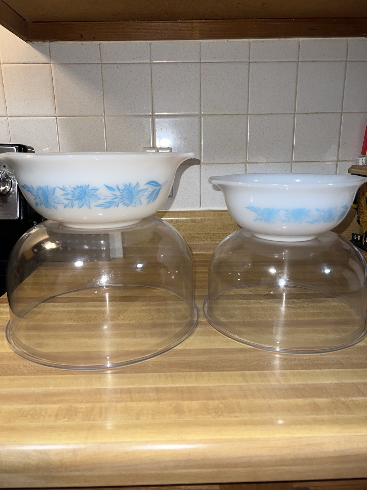 Vintage Glasbake Milk Glass Blue Thistle Flower Bowl Set Of 2 EUC 8.5 And 9”