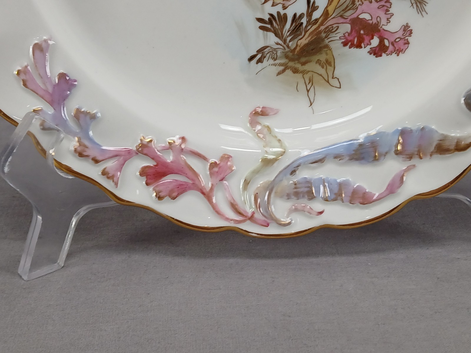 Royal Worcester Hand Painted Fish Relief Molded Seaweed Gold 9 1/8 Inch Plate A