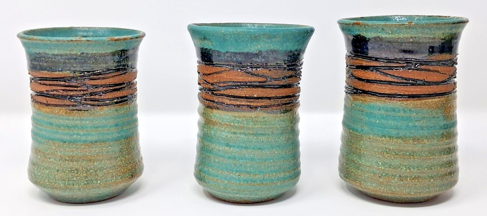 Stoneware Art Pottery Cups 8-9 fl oz Set of 6 turquoise glaze 4″ tall unique