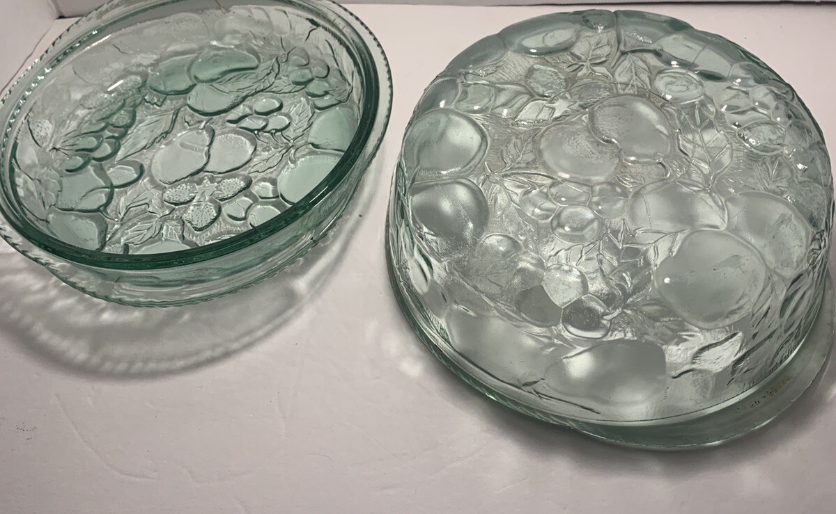 Sale Vintage Libbey Orchard Fruit Green Glass 3 QT Casserole Baking Dish Pie Lid