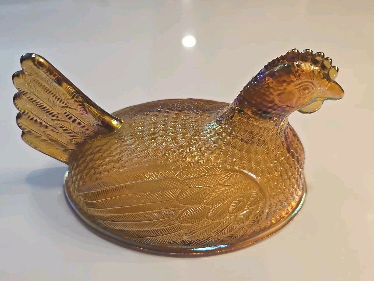 Vintage Indiana Golden Carnival Glass Hen on Nest Dish w/ Lid Oval Beaded Base