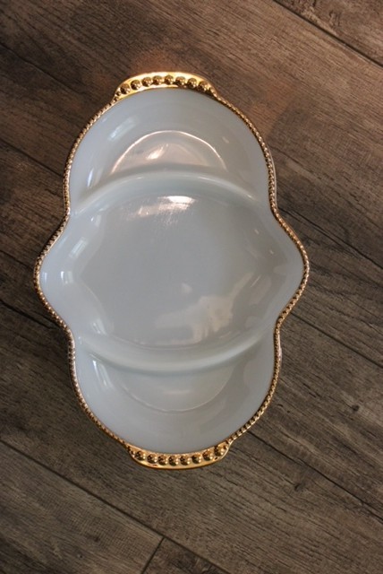 Vintage Fire King Milk Glass Divided Dish Relish Tray Gold Trim Hobnail