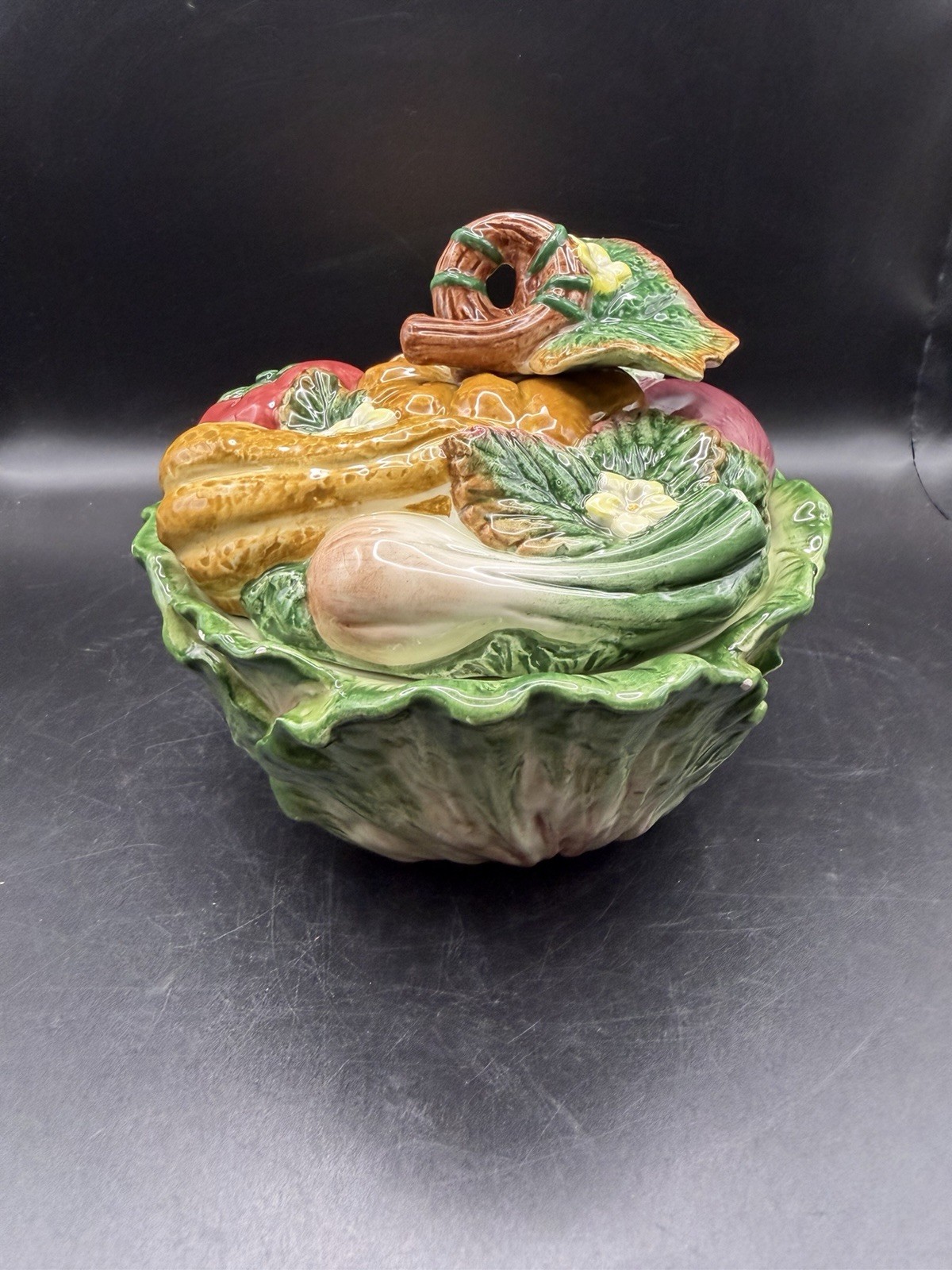 Vtg Fitz& Floyd Classics Ceramic Bowl W/Lid “Gardening Gourmet” 5” Tall Majolica