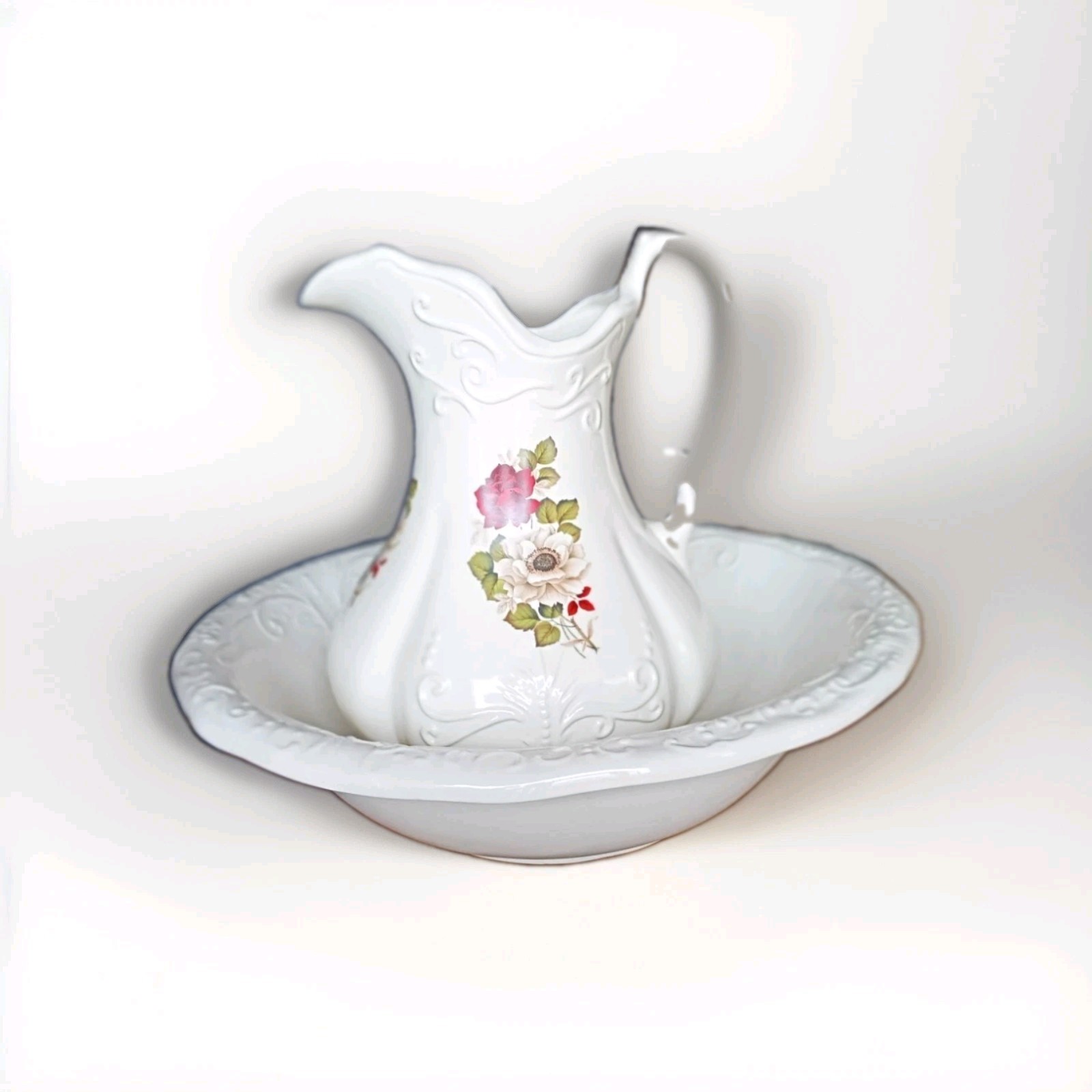Hand Painted Floral Ceramic Pitcher & Bowl Set White Pink Green Glossy Handle