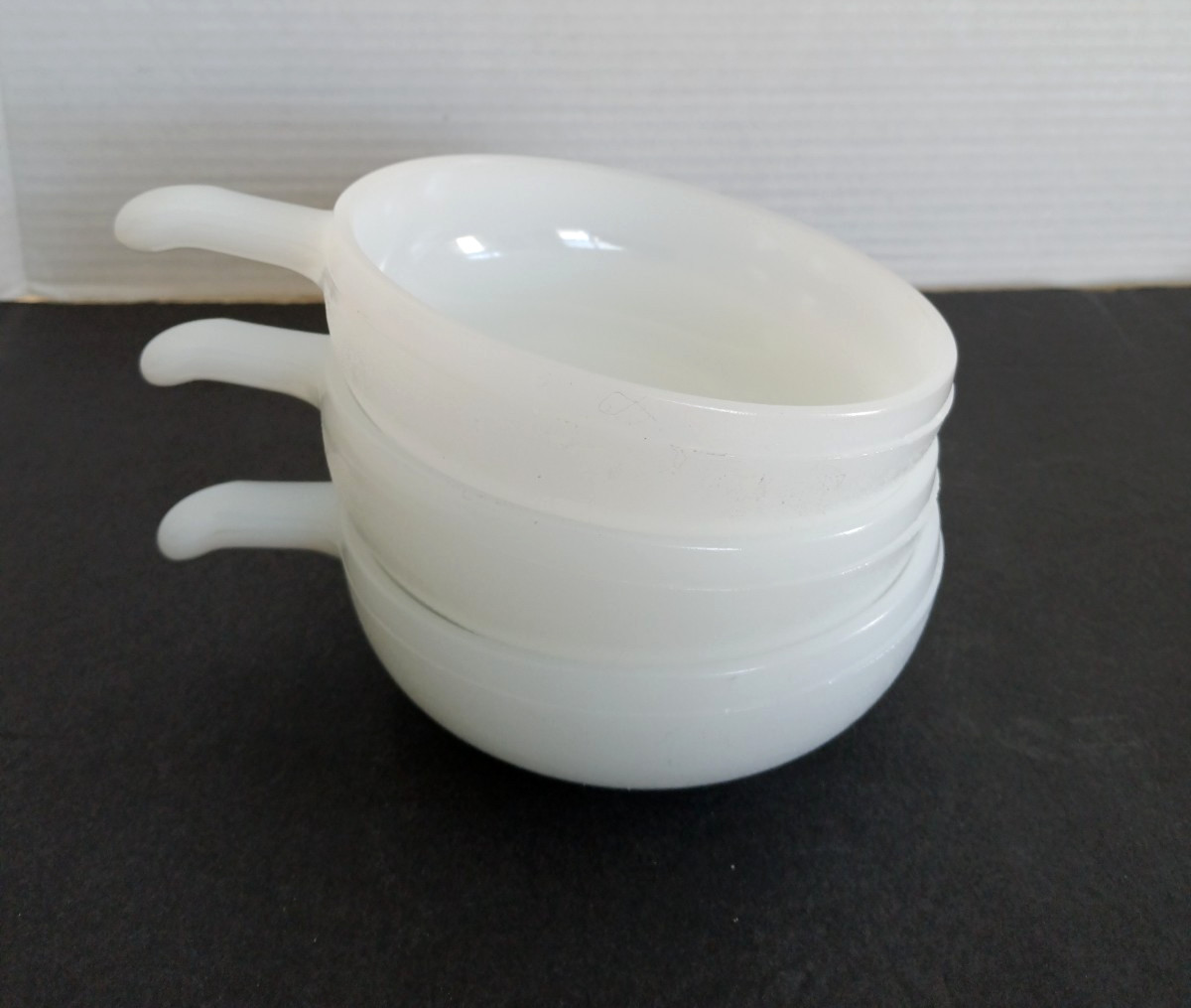 Vintage Glasbake Soup Bowls White Milk Glass Handled Crocks 5” USA Set of 3