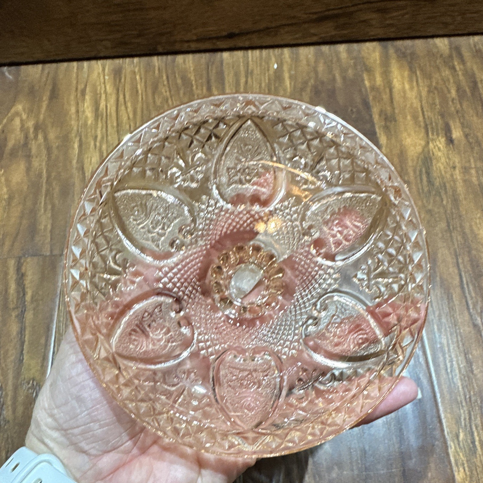 Pink Pressed Glass Round Hearts Pattern Covered Bowl with Lid 6 in
