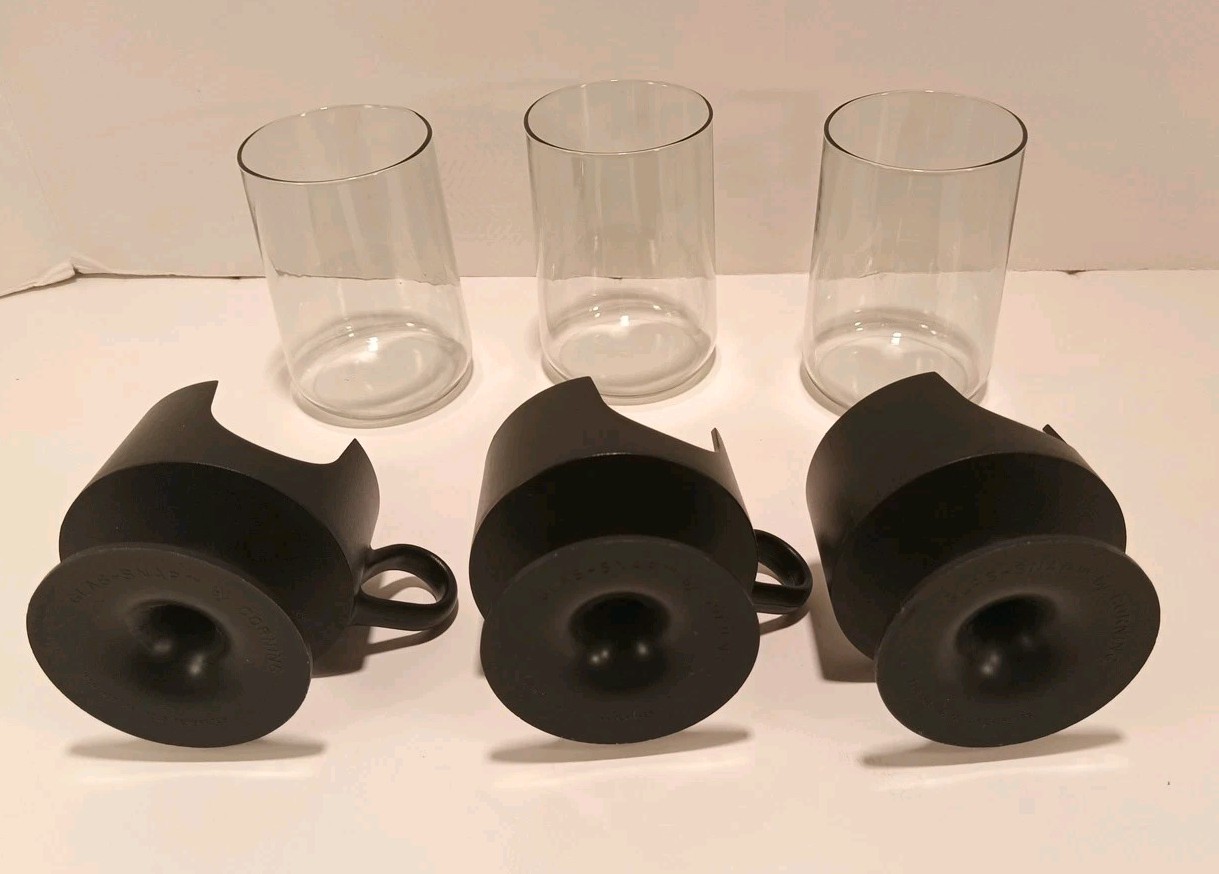 Set Of 3 Vintage Glas-Snap By Corning 8oz Tumblers With Black Plastic Holders