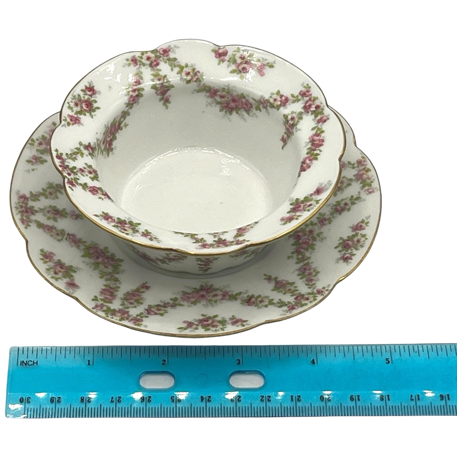 Antique T & V Limoges France Pink Rose Garland Berry Dessert Sets Bowl & Plate