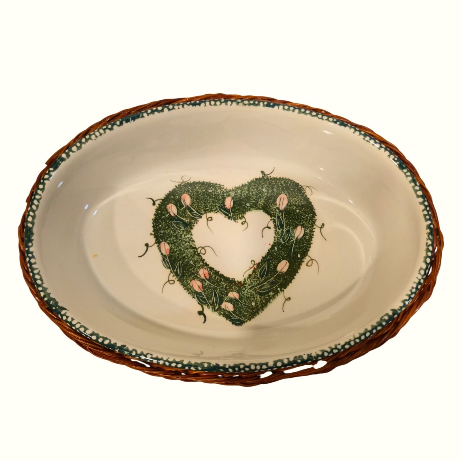 Vintage Stoneware Dishes bowls w/ wicker baskets Mossy Heart Floral art Nesting