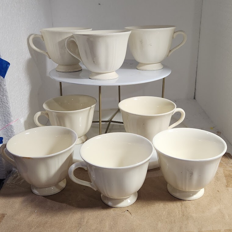 8 Wedgwood Queens Shape IVORY WHITE Footed CHINA TEA Cups 8 OZ as is guc crazing