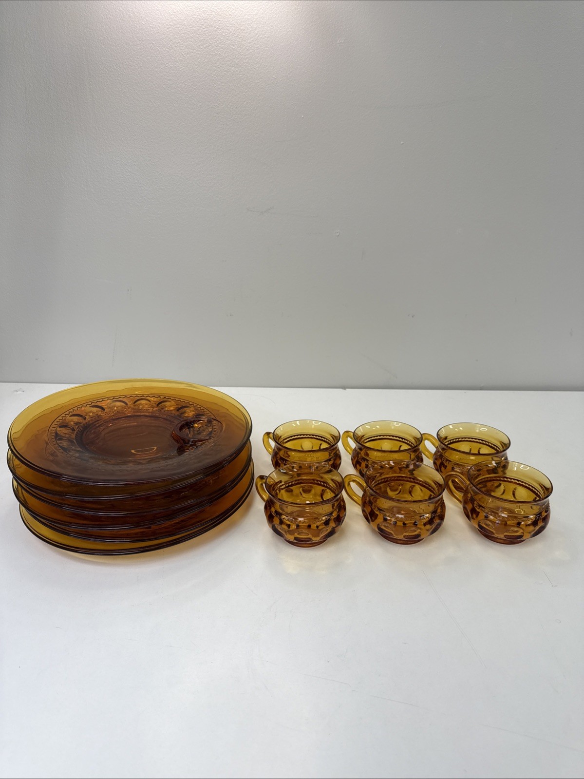 VTG 12pc Kings Crown Thumbprint Indiana Amber Glass Dinner Set Glasses & Plates
