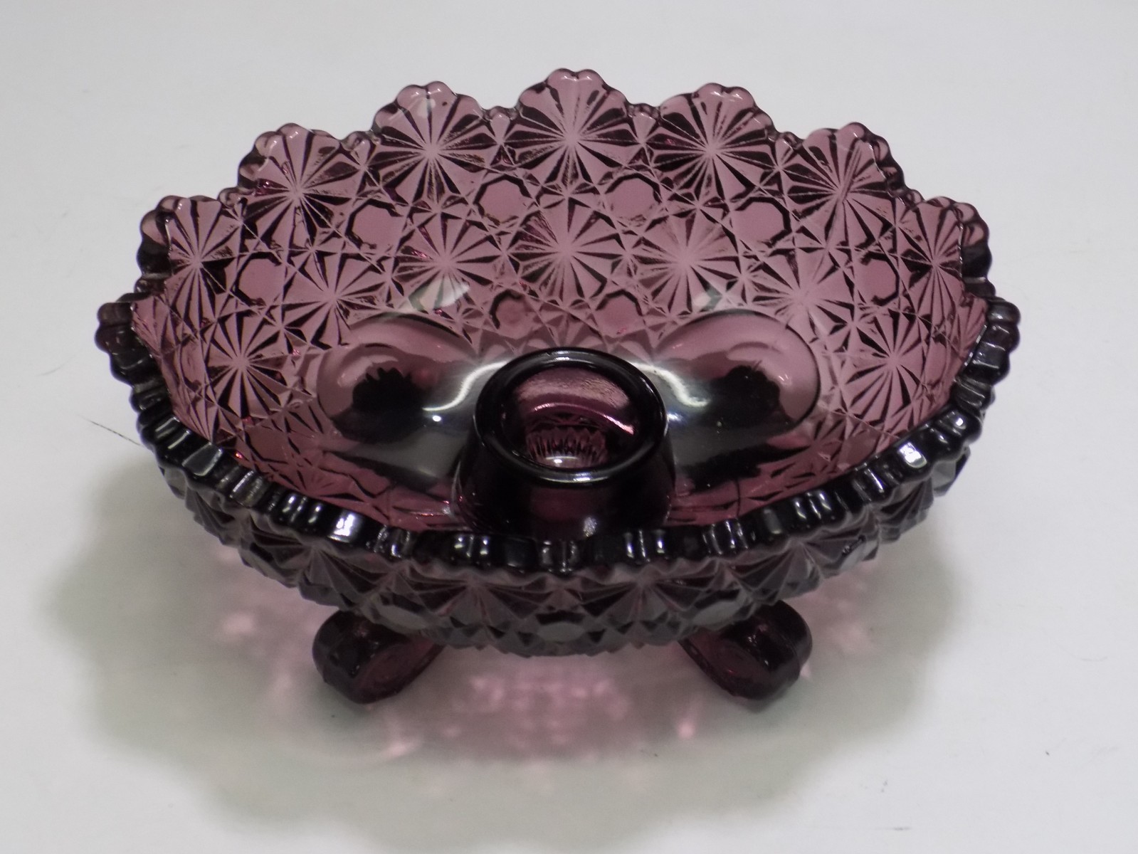 LG Wright Daisy & Button Purple Amethyst Glass 4 Scroll Footed Candle Bowl
