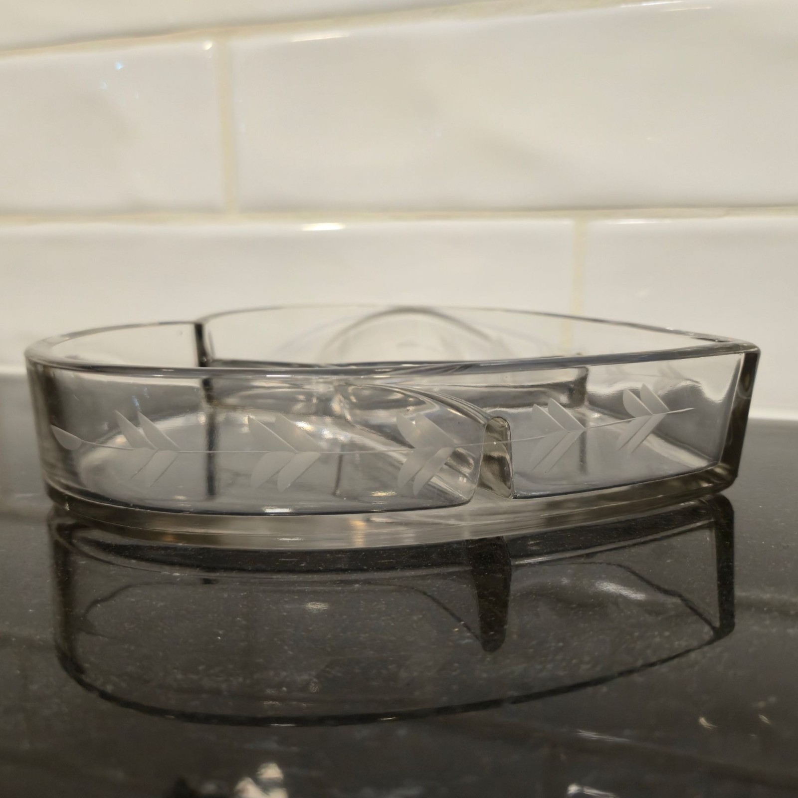 Vintage etched crystal Heart shaped Candy dish relish divided Valentines day