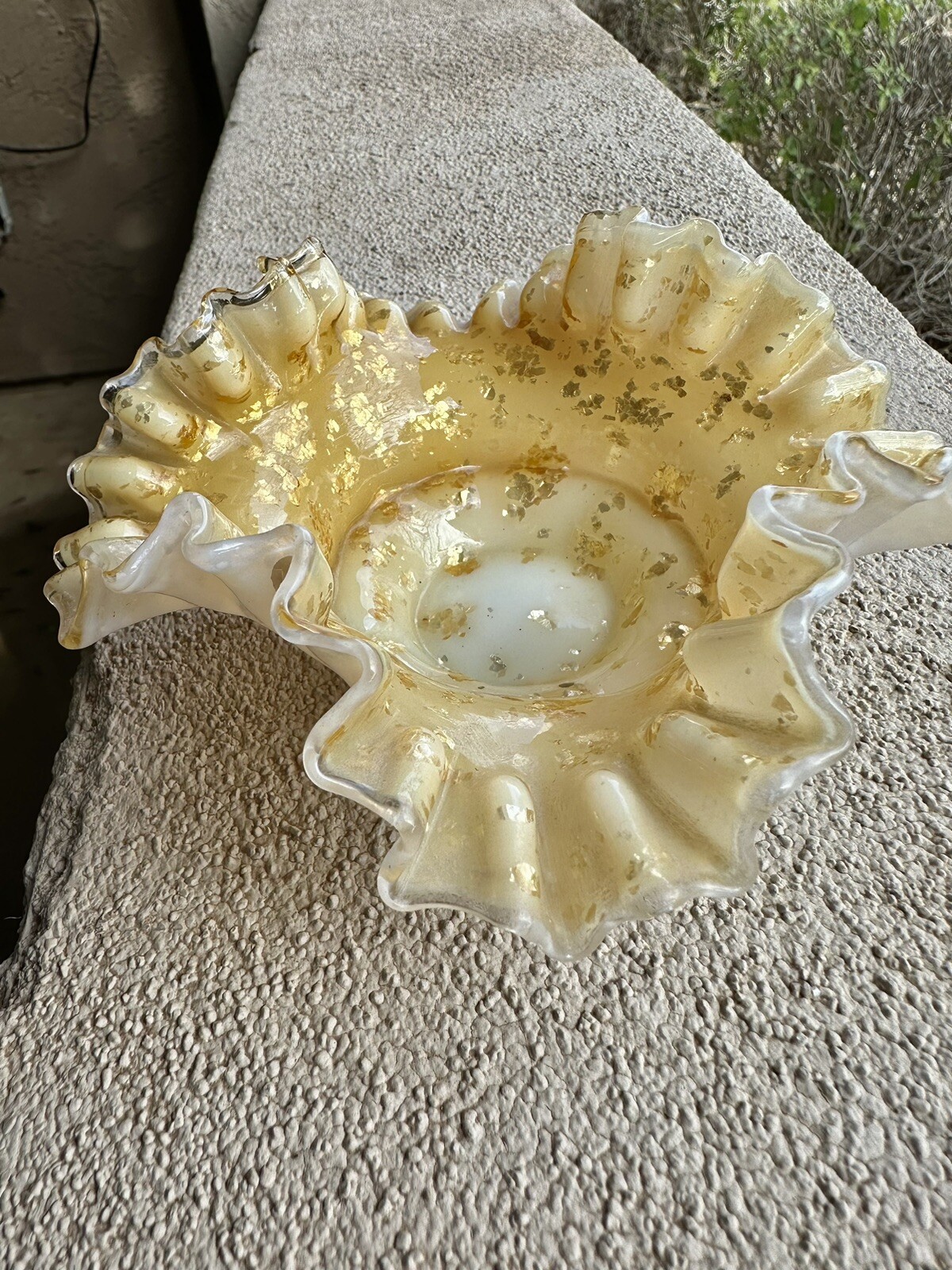 Vintage Ruffled Milk Glass Cased Dish Gold Fleck Opaline Mid Century Vanity Bowl