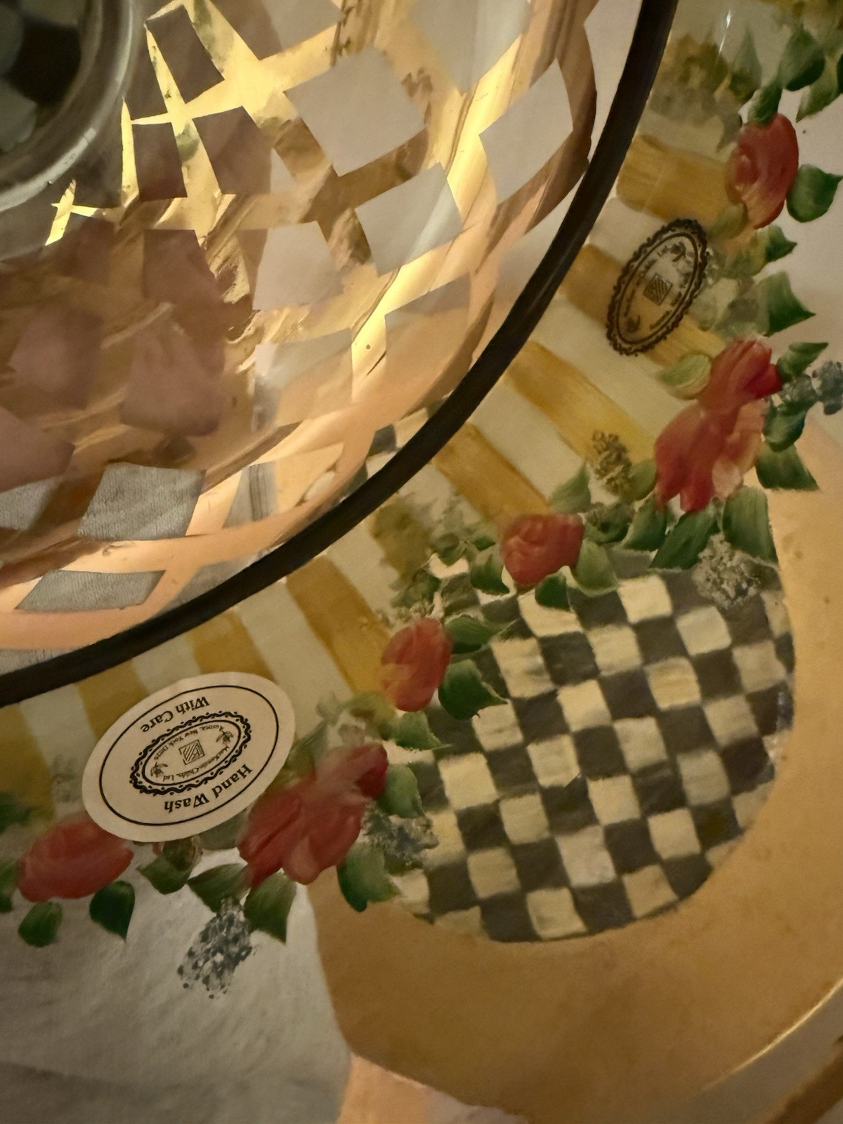 Mackenzie Childs Courtly Check Circus Glass Cake Dome and Wood Underplate