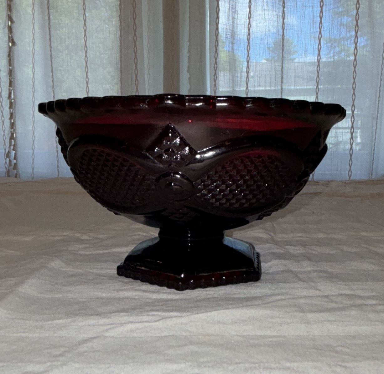 Avon Red Pressed Glass Diamond Pedestal Candy Dish