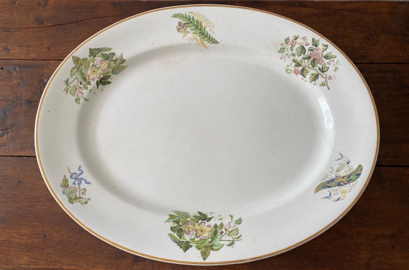 1880’s Aesthetic Movement Very Large Platter White with Florals, Insects Designs