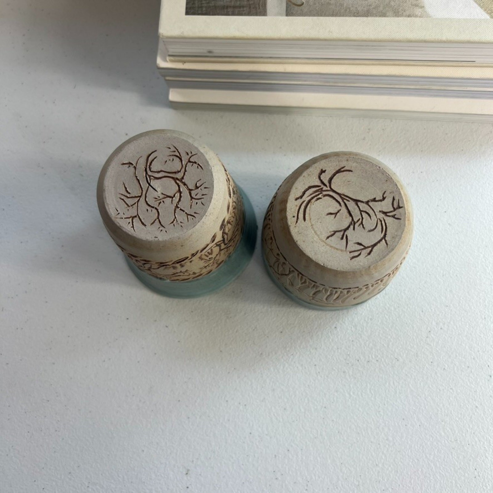 Unmarked Stoneware Tumbler Cups Speckled Blue Etched Tree Design Set of 2