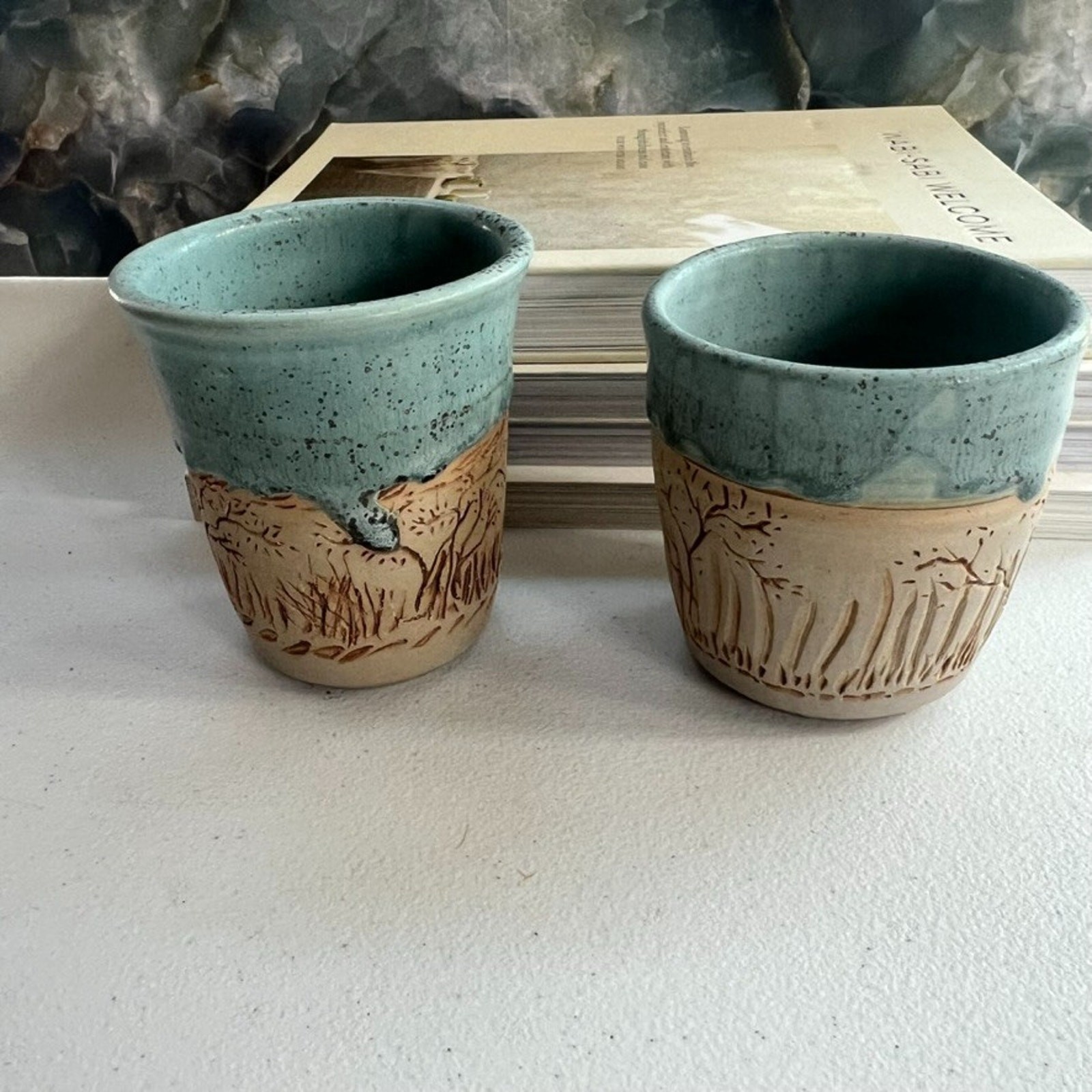 Unmarked Stoneware Tumbler Cups Speckled Blue Etched Tree Design Set of 2