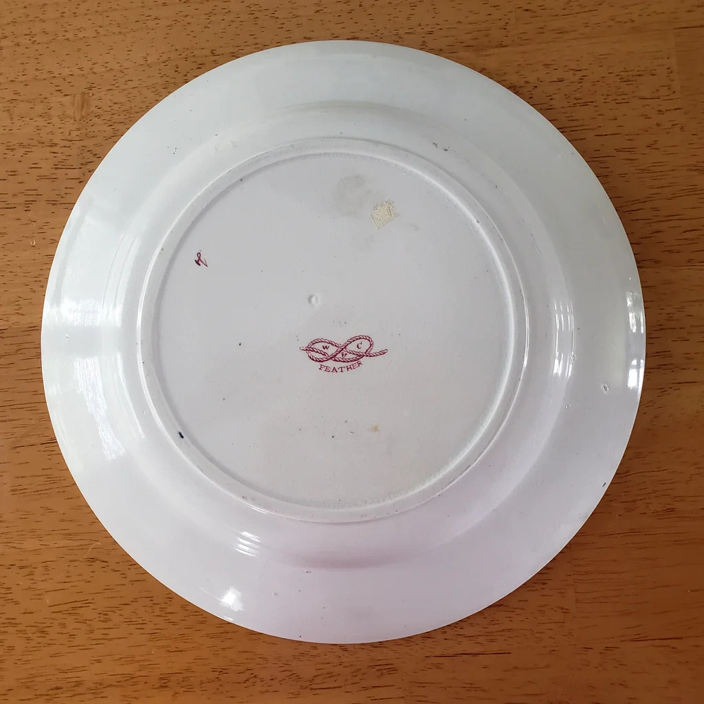 Antique Pink Feather Transferware Polychrome Plates 9” Set of 2 Wood & Challinor