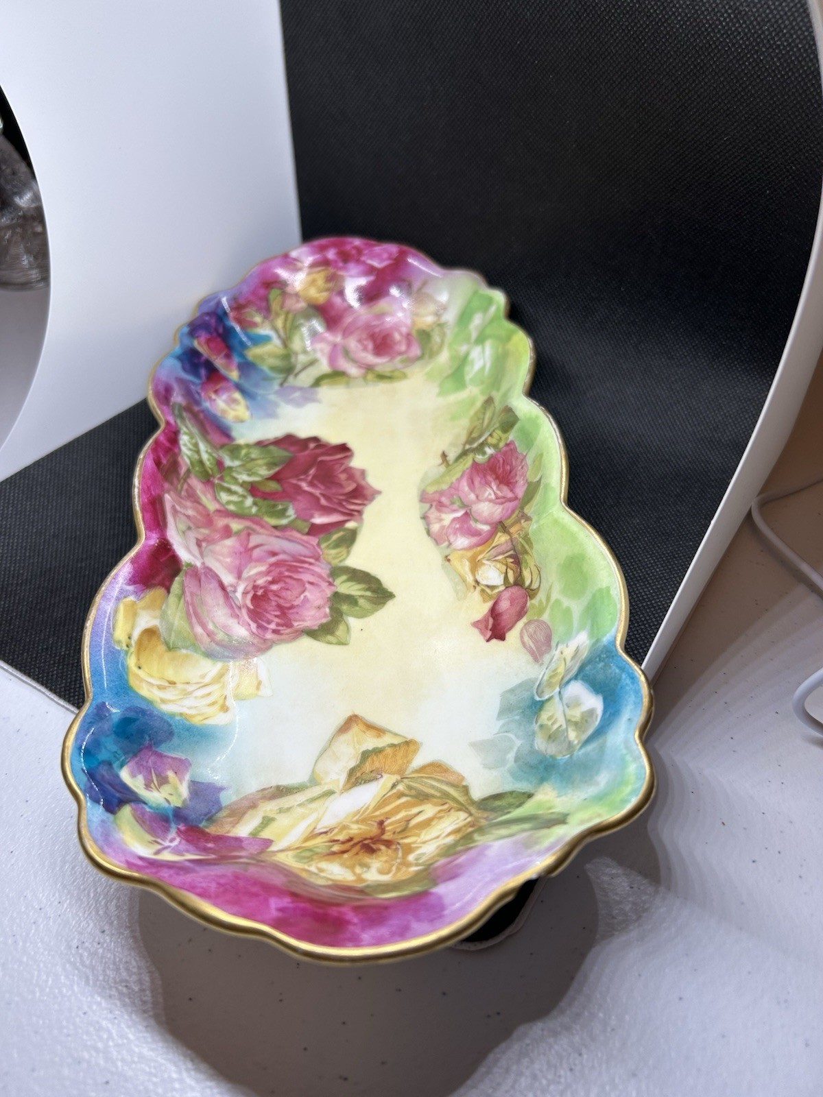 Coronet Limoges France Rose Rectangle Ceramic Celery Dish 12 3/8 by 5 inches.
