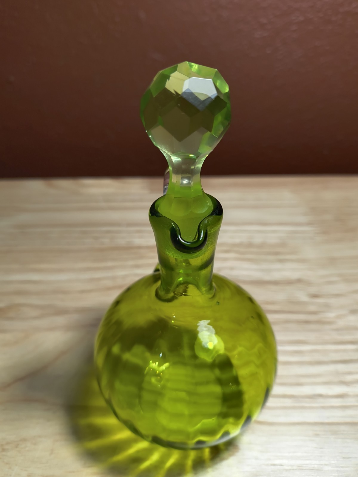 Vintage Olive Green Glass Cruet W/Stopper Glowing Stopper