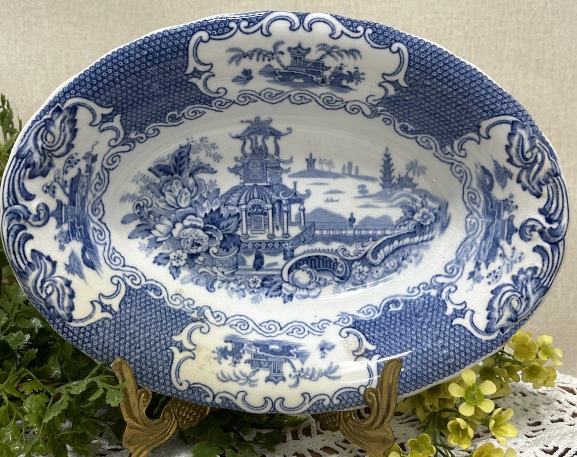 Allertons Chinese Blue Oval Serving Vegetable Bowl Pagodas 9 In OLD Back Stamp