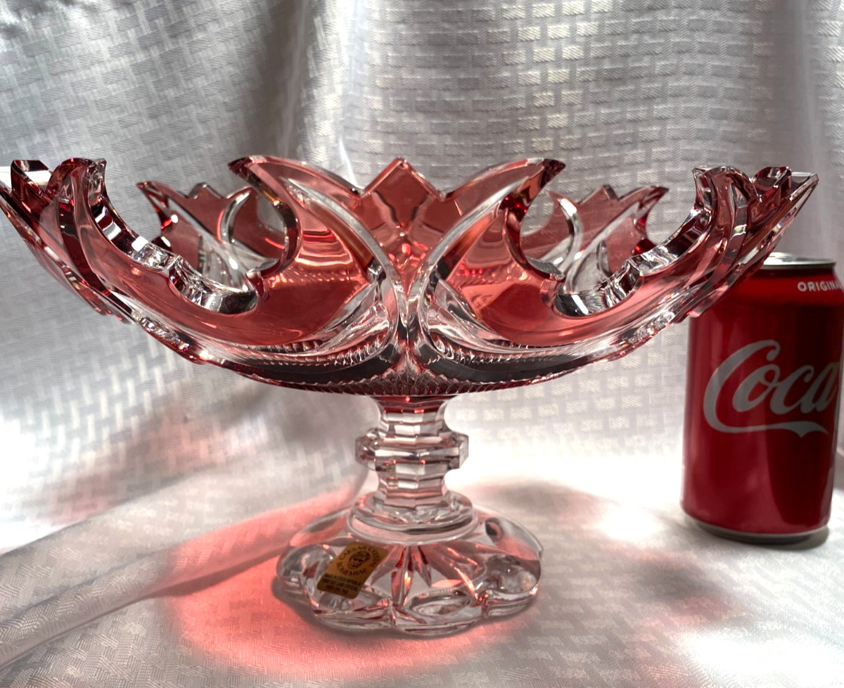 CAESAR BOHEMIAE DIADEM PEDESTAL BOWL 11″ CASED RED CUT TO CLEAR CRYSTAL BOHEMIAN